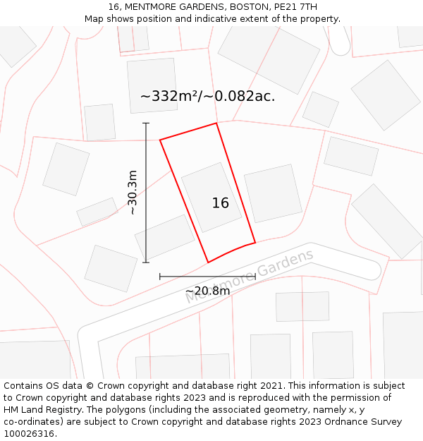 16, MENTMORE GARDENS, BOSTON, PE21 7TH: Plot and title map