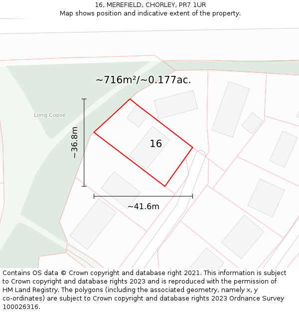 16, MEREFIELD, CHORLEY, PR7 1UR: Plot and title map