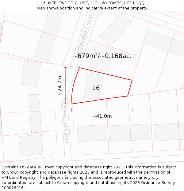 16, MERLEWOOD CLOSE, HIGH WYCOMBE, HP11 1QQ: Plot and title map