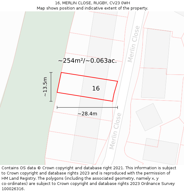 16, MERLIN CLOSE, RUGBY, CV23 0WH: Plot and title map