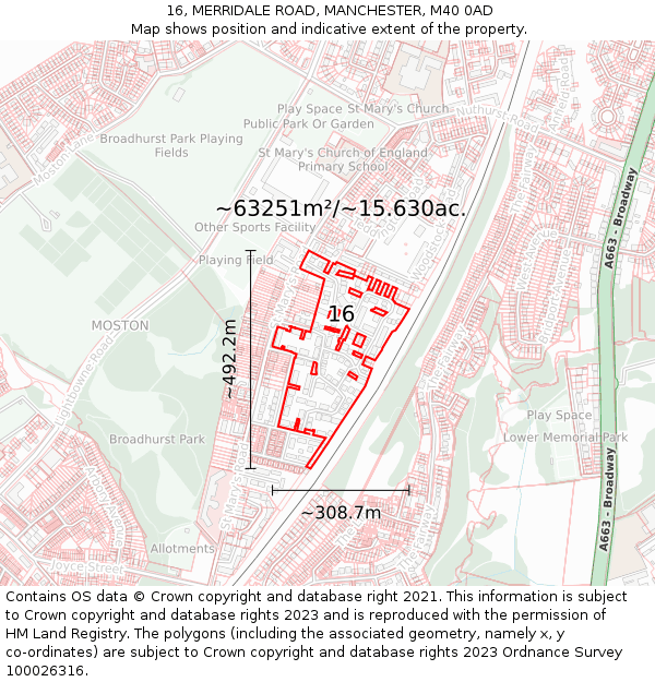16, MERRIDALE ROAD, MANCHESTER, M40 0AD: Plot and title map