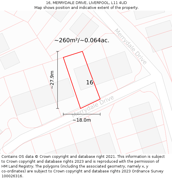 16, MERRYDALE DRIVE, LIVERPOOL, L11 4UD: Plot and title map