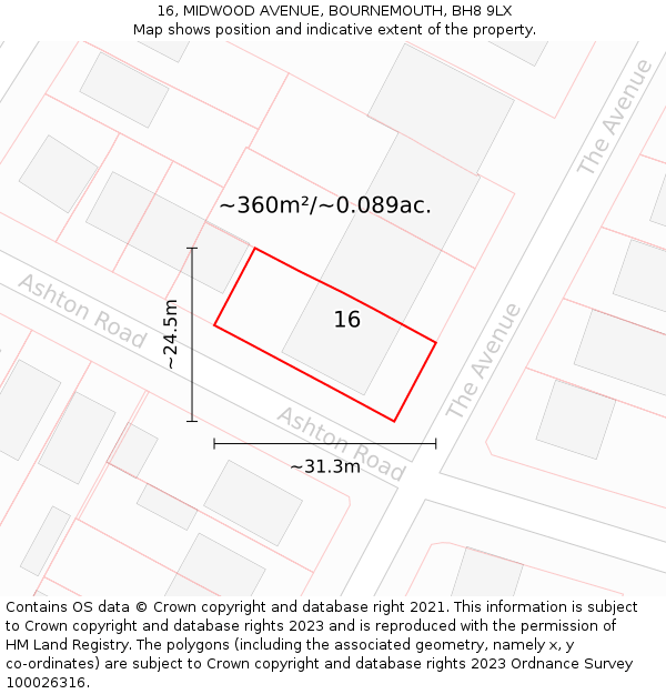 16, MIDWOOD AVENUE, BOURNEMOUTH, BH8 9LX: Plot and title map