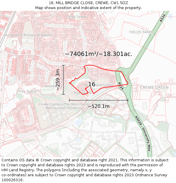 16, MILL BRIDGE CLOSE, CREWE, CW1 5DZ: Plot and title map