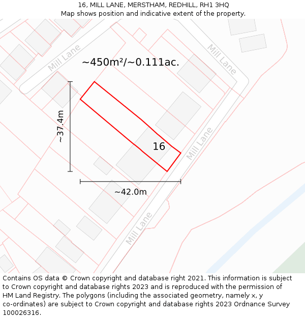 16, MILL LANE, MERSTHAM, REDHILL, RH1 3HQ: Plot and title map