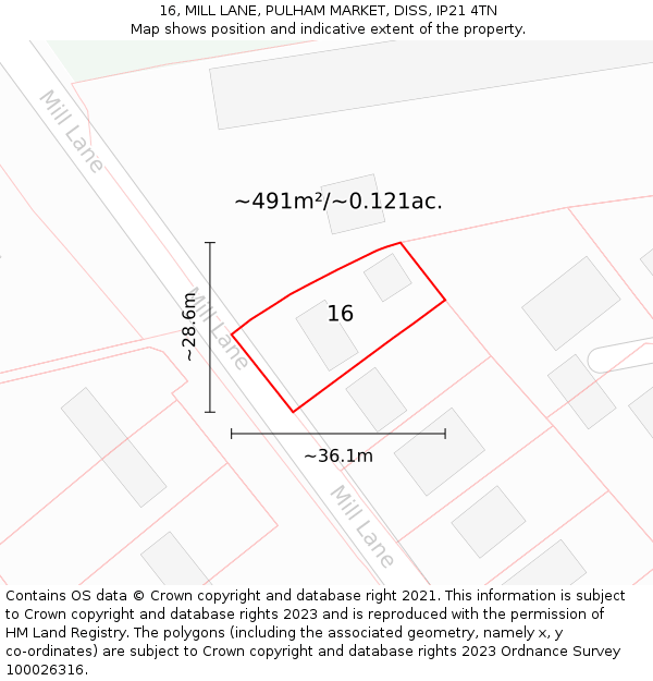 16, MILL LANE, PULHAM MARKET, DISS, IP21 4TN: Plot and title map