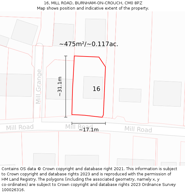 16, MILL ROAD, BURNHAM-ON-CROUCH, CM0 8PZ: Plot and title map