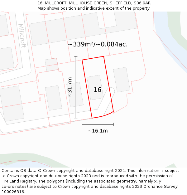 16, MILLCROFT, MILLHOUSE GREEN, SHEFFIELD, S36 9AR: Plot and title map