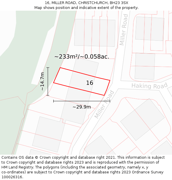 16, MILLER ROAD, CHRISTCHURCH, BH23 3SX: Plot and title map