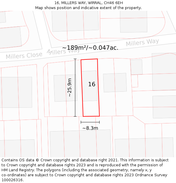 16, MILLERS WAY, WIRRAL, CH46 6EH: Plot and title map