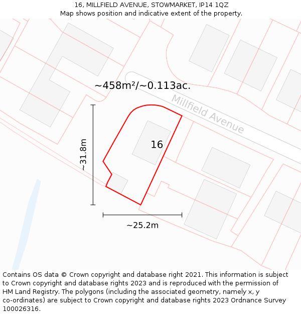 16, MILLFIELD AVENUE, STOWMARKET, IP14 1QZ: Plot and title map