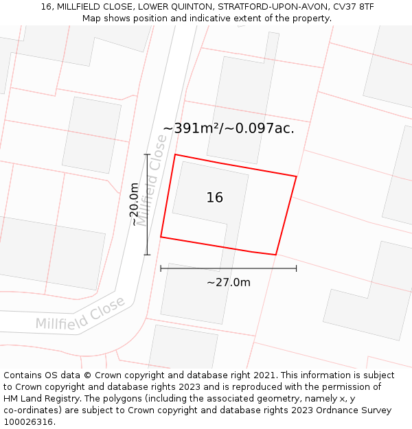 16, MILLFIELD CLOSE, LOWER QUINTON, STRATFORD-UPON-AVON, CV37 8TF: Plot and title map