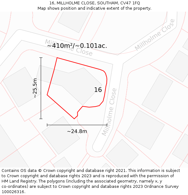 16, MILLHOLME CLOSE, SOUTHAM, CV47 1FQ: Plot and title map
