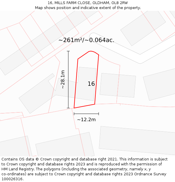 16, MILLS FARM CLOSE, OLDHAM, OL8 2RW: Plot and title map