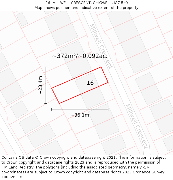 16, MILLWELL CRESCENT, CHIGWELL, IG7 5HY: Plot and title map