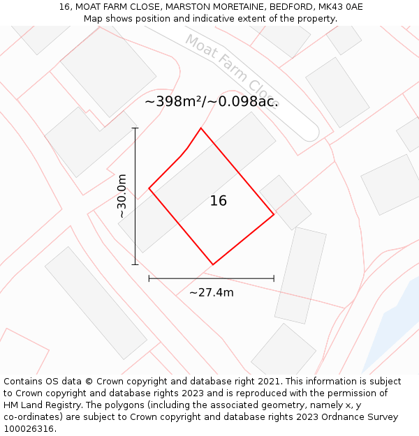 16, MOAT FARM CLOSE, MARSTON MORETAINE, BEDFORD, MK43 0AE: Plot and title map