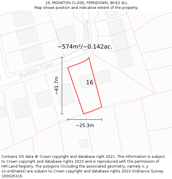 16, MONKTON CLOSE, FERNDOWN, BH22 9LL: Plot and title map