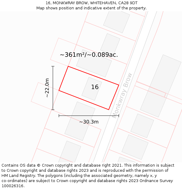 16, MONKWRAY BROW, WHITEHAVEN, CA28 9DT: Plot and title map