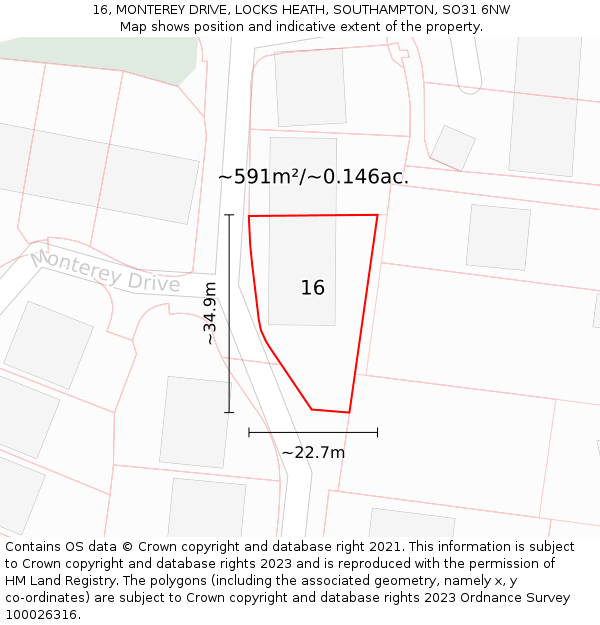 16, MONTEREY DRIVE, LOCKS HEATH, SOUTHAMPTON, SO31 6NW: Plot and title map
