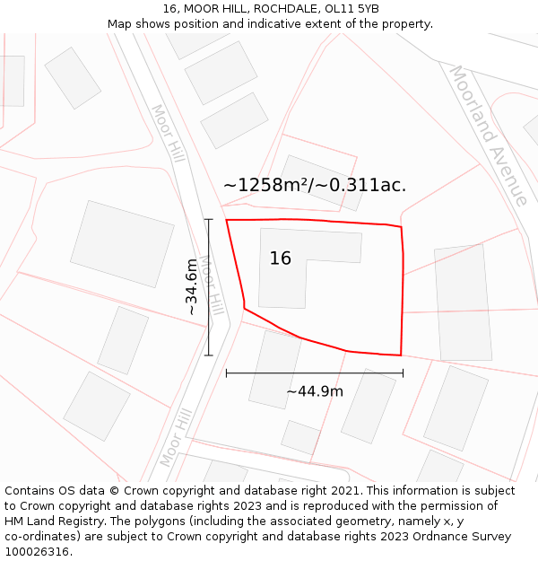 16, MOOR HILL, ROCHDALE, OL11 5YB: Plot and title map