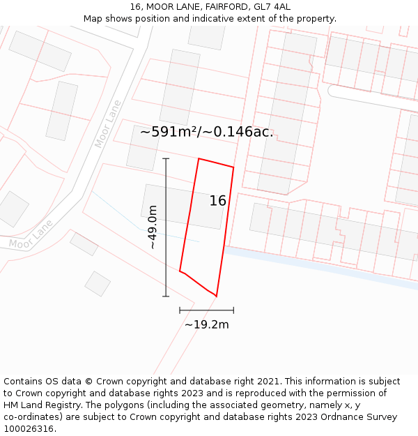 16, MOOR LANE, FAIRFORD, GL7 4AL: Plot and title map