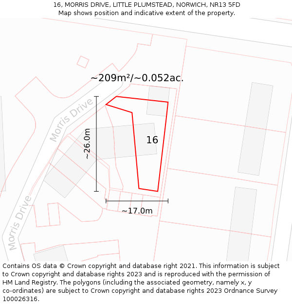 16, MORRIS DRIVE, LITTLE PLUMSTEAD, NORWICH, NR13 5FD: Plot and title map