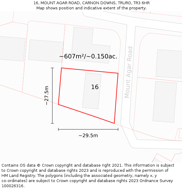 16, MOUNT AGAR ROAD, CARNON DOWNS, TRURO, TR3 6HR: Plot and title map