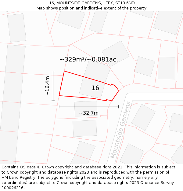 16, MOUNTSIDE GARDENS, LEEK, ST13 6ND: Plot and title map