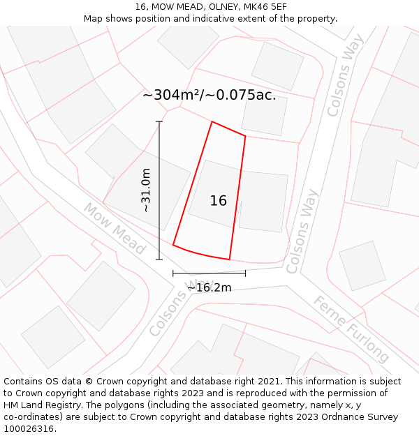 16, MOW MEAD, OLNEY, MK46 5EF: Plot and title map