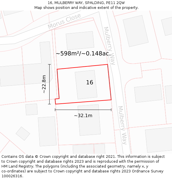 16, MULBERRY WAY, SPALDING, PE11 2QW: Plot and title map