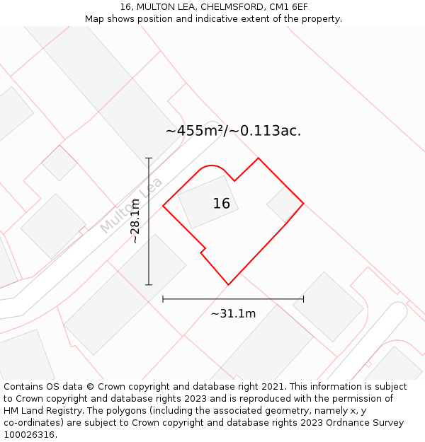 16, MULTON LEA, CHELMSFORD, CM1 6EF: Plot and title map