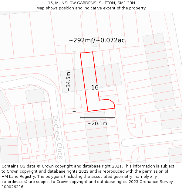 16, MUNSLOW GARDENS, SUTTON, SM1 3RN: Plot and title map