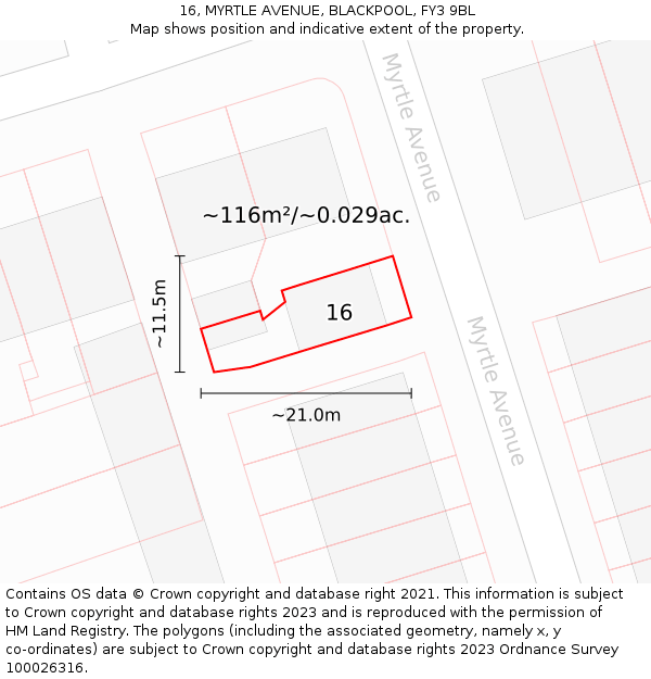 16, MYRTLE AVENUE, BLACKPOOL, FY3 9BL: Plot and title map
