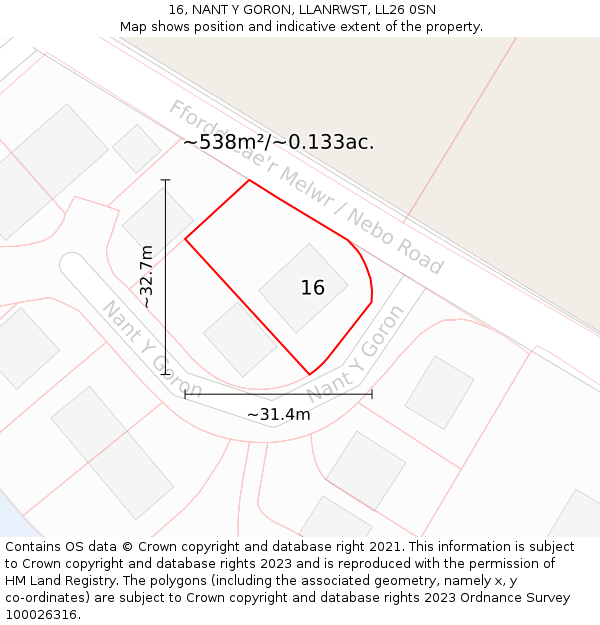 16, NANT Y GORON, LLANRWST, LL26 0SN: Plot and title map