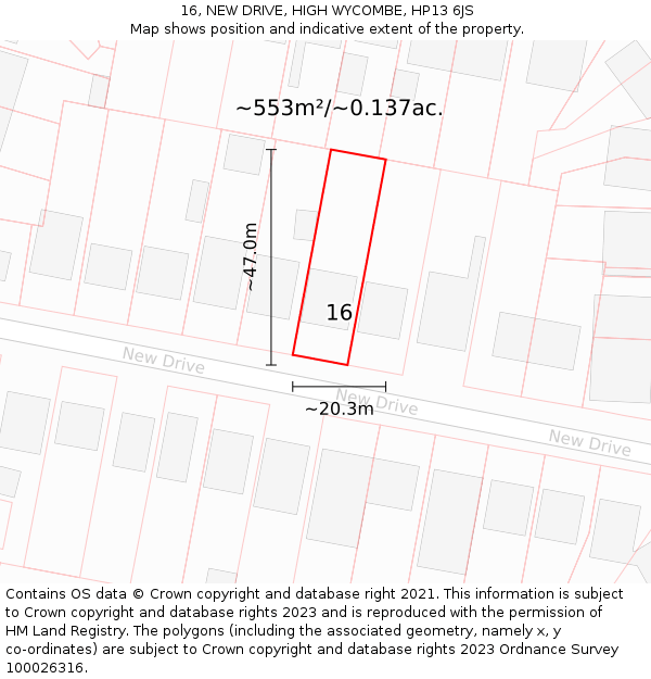 16, NEW DRIVE, HIGH WYCOMBE, HP13 6JS: Plot and title map