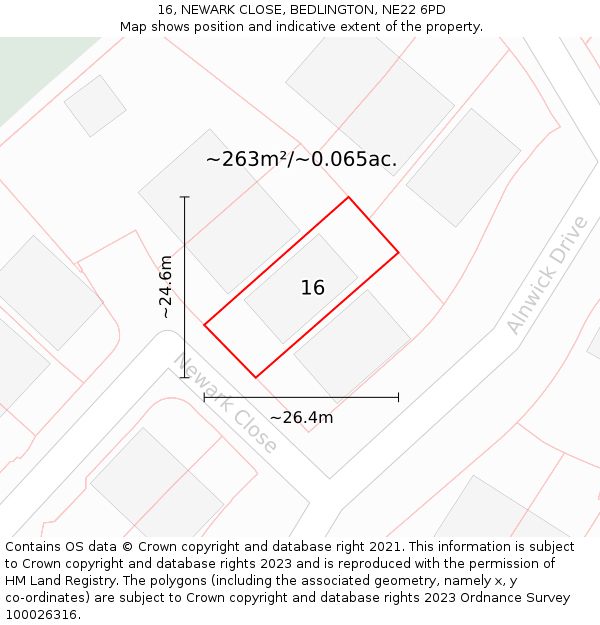 16, NEWARK CLOSE, BEDLINGTON, NE22 6PD: Plot and title map