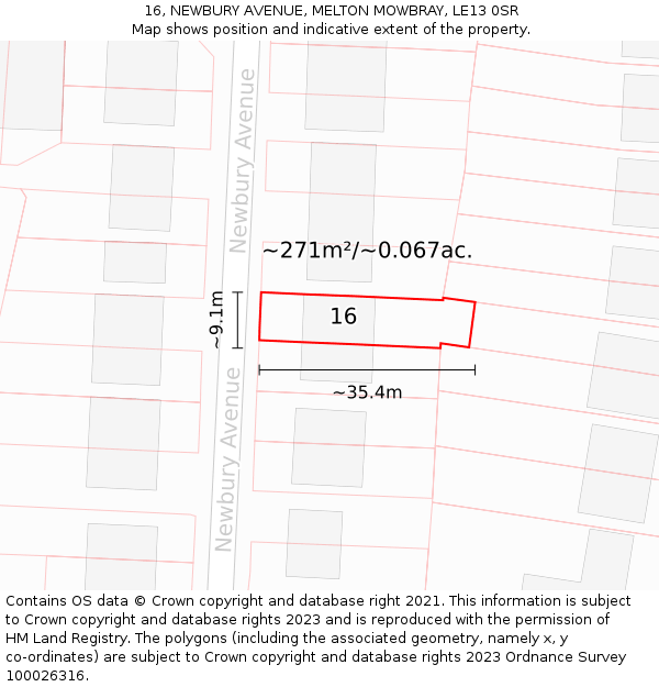 16, NEWBURY AVENUE, MELTON MOWBRAY, LE13 0SR: Plot and title map