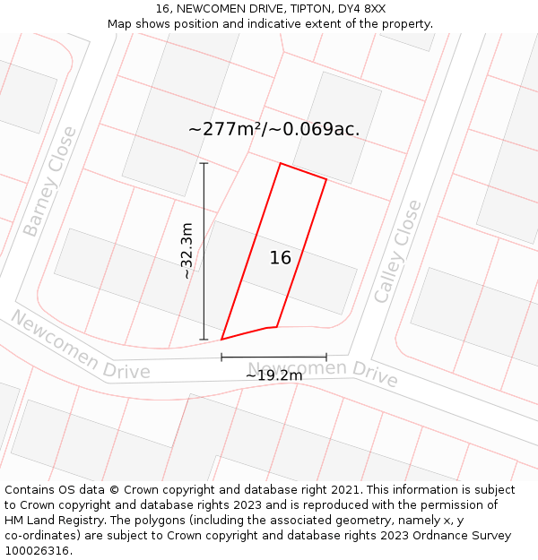 16, NEWCOMEN DRIVE, TIPTON, DY4 8XX: Plot and title map