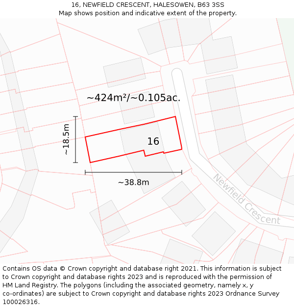 16, NEWFIELD CRESCENT, HALESOWEN, B63 3SS: Plot and title map