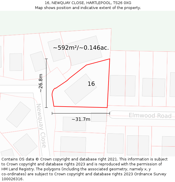 16, NEWQUAY CLOSE, HARTLEPOOL, TS26 0XG: Plot and title map