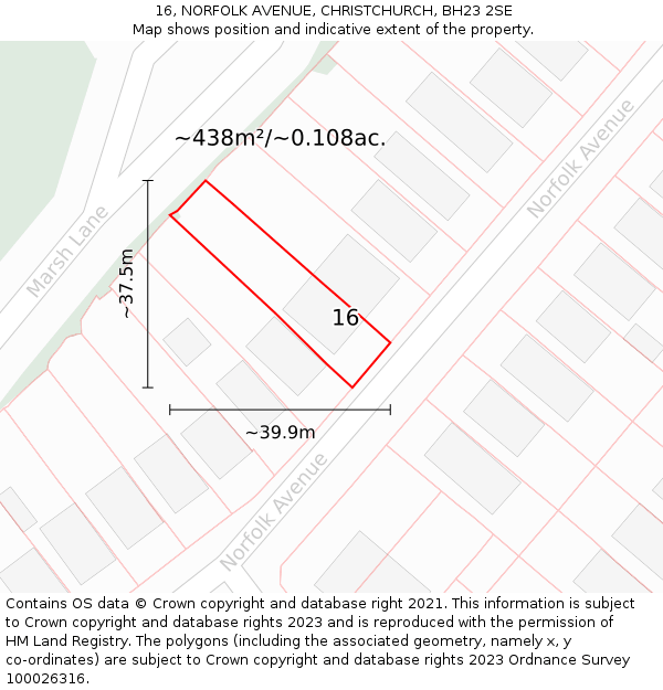 16, NORFOLK AVENUE, CHRISTCHURCH, BH23 2SE: Plot and title map