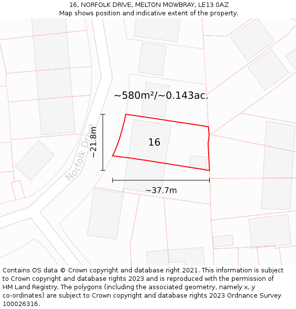 16, NORFOLK DRIVE, MELTON MOWBRAY, LE13 0AZ: Plot and title map