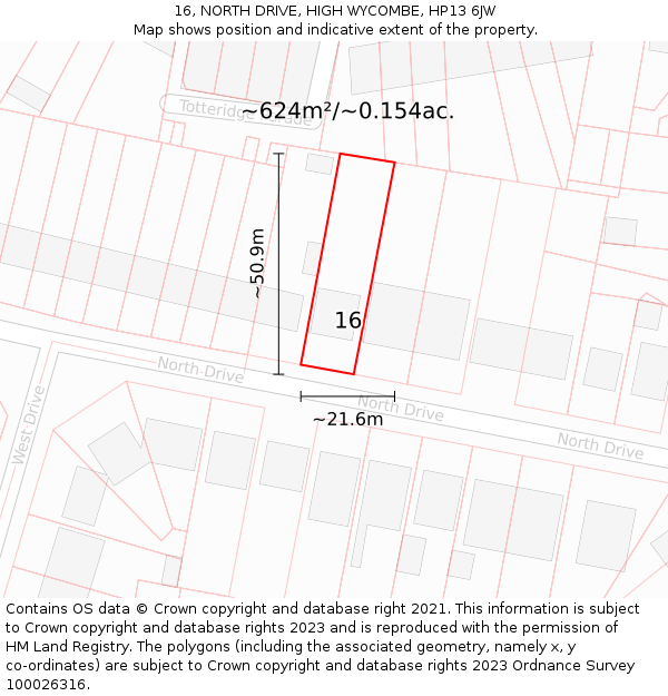 16, NORTH DRIVE, HIGH WYCOMBE, HP13 6JW: Plot and title map