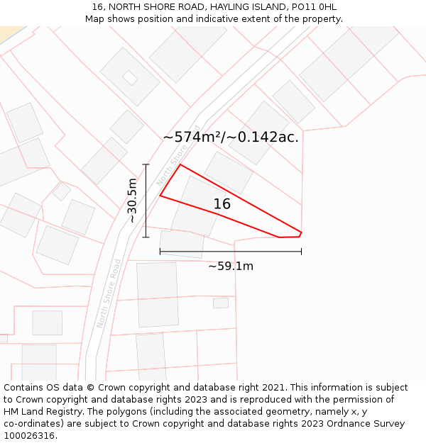 16, NORTH SHORE ROAD, HAYLING ISLAND, PO11 0HL: Plot and title map