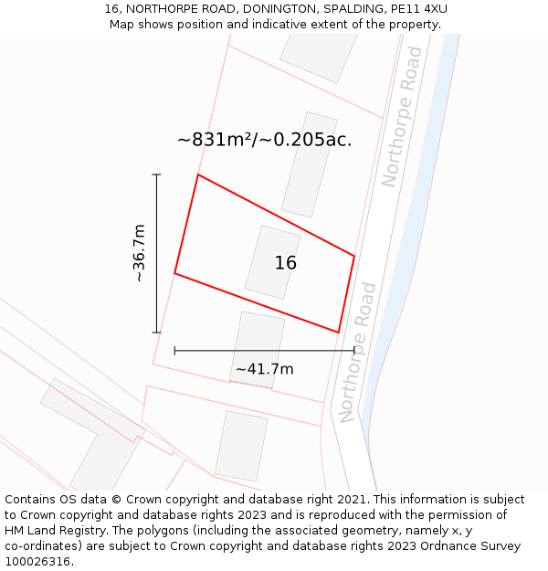 16, NORTHORPE ROAD, DONINGTON, SPALDING, PE11 4XU: Plot and title map