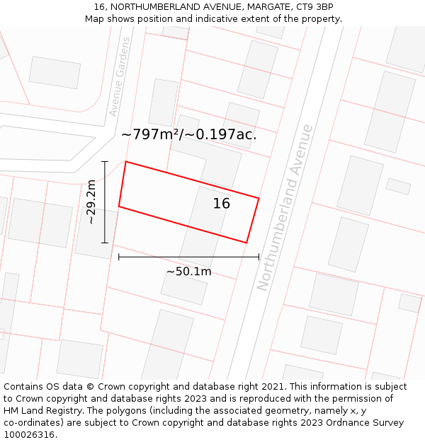 16, NORTHUMBERLAND AVENUE, MARGATE, CT9 3BP: Plot and title map