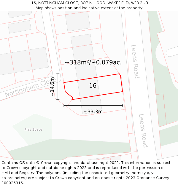 16, NOTTINGHAM CLOSE, ROBIN HOOD, WAKEFIELD, WF3 3UB: Plot and title map