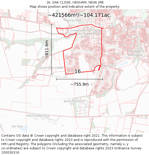 16, OAK CLOSE, HEXHAM, NE46 2RE: Plot and title map