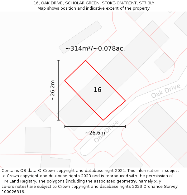 16, OAK DRIVE, SCHOLAR GREEN, STOKE-ON-TRENT, ST7 3LY: Plot and title map