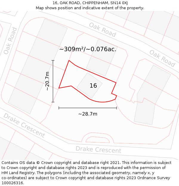 16, OAK ROAD, CHIPPENHAM, SN14 0XJ: Plot and title map